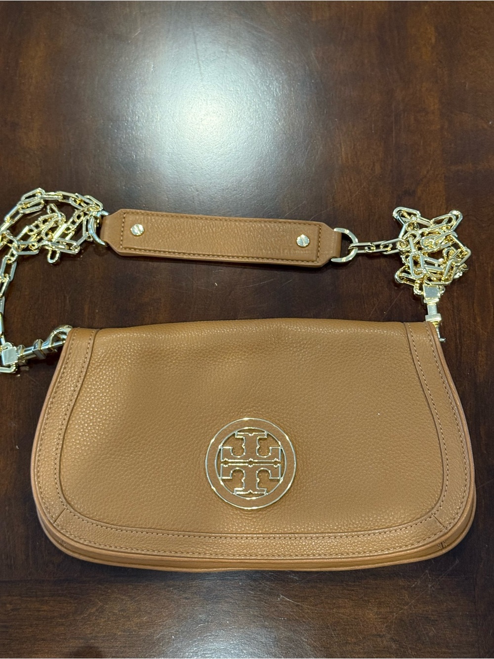 Tory Burch Amanda Tan/Brown Pebbled Leather Crossbody with Gold Logo